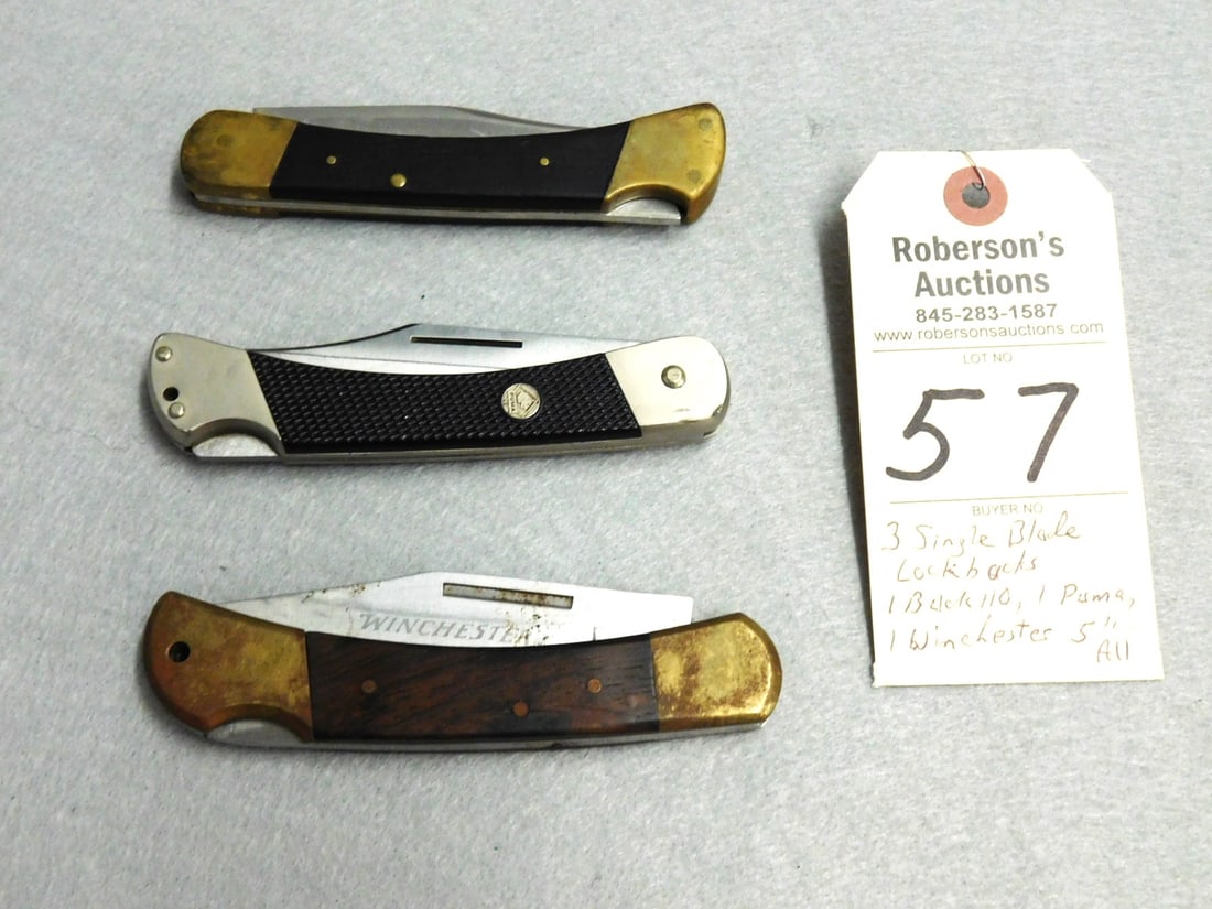 3 - Single Blade Lockback Knives: 3 - Single Blade Lockback Knives: 1- Winchester; 1-Buck 110; 1-Puma -. All Folding Knives w/ Wood & Plastic Handles in GD-Fair Cond. - 5"All.