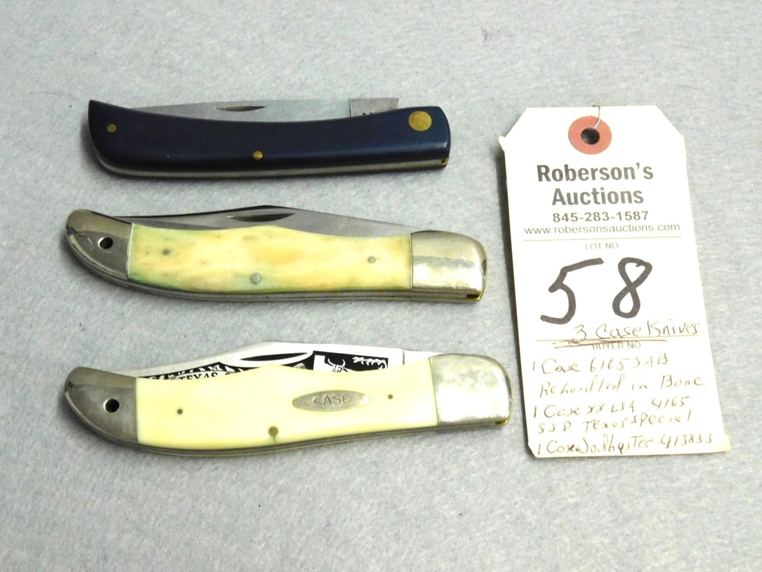 3 - "Case" Knives: 3 - "Case" Knives: 1- Case 6165SAB w/Rehandled Bone; 1-XX USA Single Blade 4165SSP Texas Special; 1-Sodbuster 413SS in GD Cond. - 4 3/4" - 5 1/4"