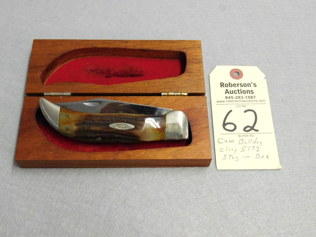 Case Bulldog Knife: Case Bulldog Single Blade Knife, MO5172 w/ Stag Handles & Wood Box in Gd Cond. - Case -7"L..x2 1/2W.x 1 1/2H.