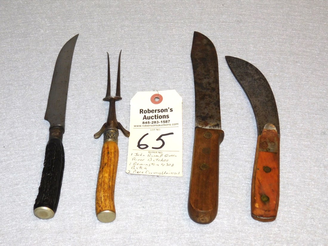 4 - Misc. Knives: 4 - Misc. Knives: 2 - Butcher's Knives -John Russell Cutlery, Green River; 1 - Remington; 2 Pc.Carving Set by (Universal) in GD Cond.