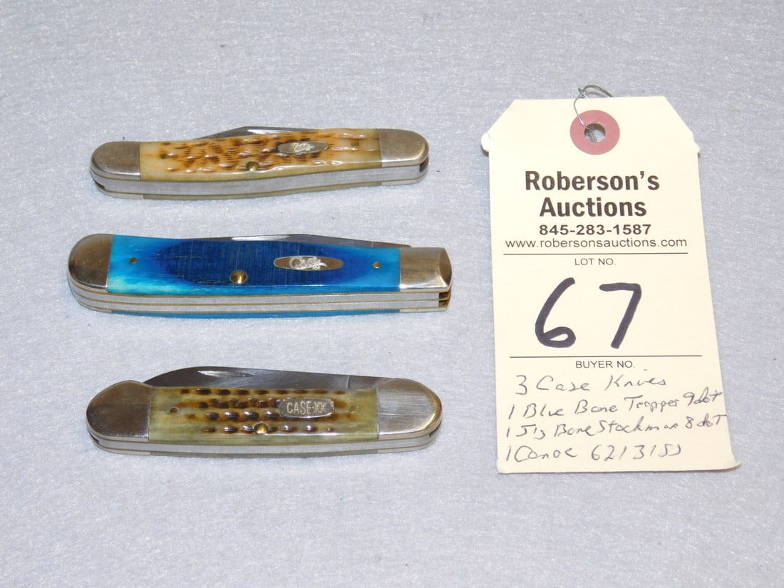 3 - "Case" Knives: 3 - "Case" Knives: 1 - Blue Bone Trapper - 9 DOT; 1- Jig Bone Stockman - 8 DOT; 1- Jigbone Canoe Mod. 62131SS in GD Cond. - 3 1/2" - 4 1/4"