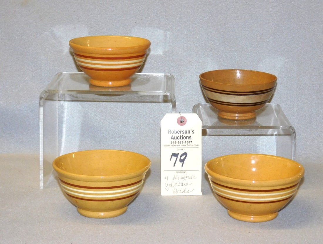 4-Miniature Yelloware Banded Bowls: 4-Miniature Yelloware Banded Bowls in VG Cond. Ranging in Sz. From 4 3/4" to 5 1/4"D Height 2 1/4"- 2 3/4"