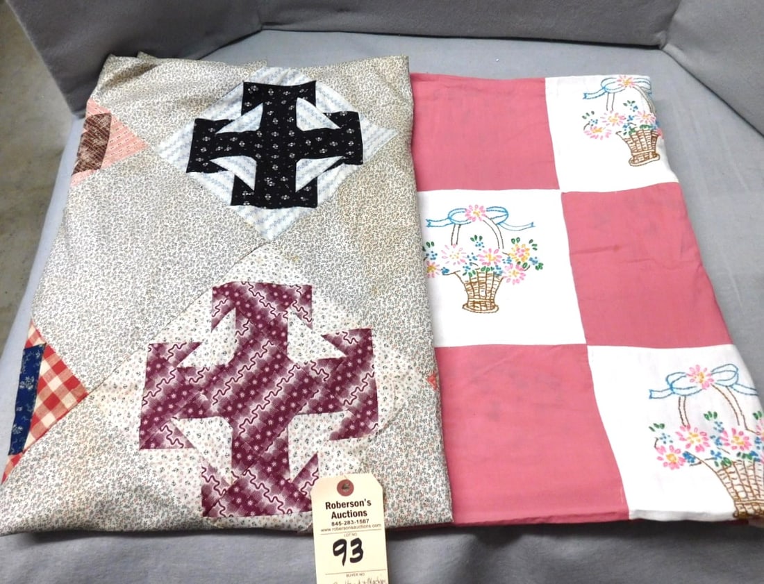 2 Hand/Machine Done Quilt Tops: 2 Hand/Machine Done Quilt Tops- 1 Baskets Pattern 64" x 88";1 Cross Type Pattern 75" x 96" in GD Cond.