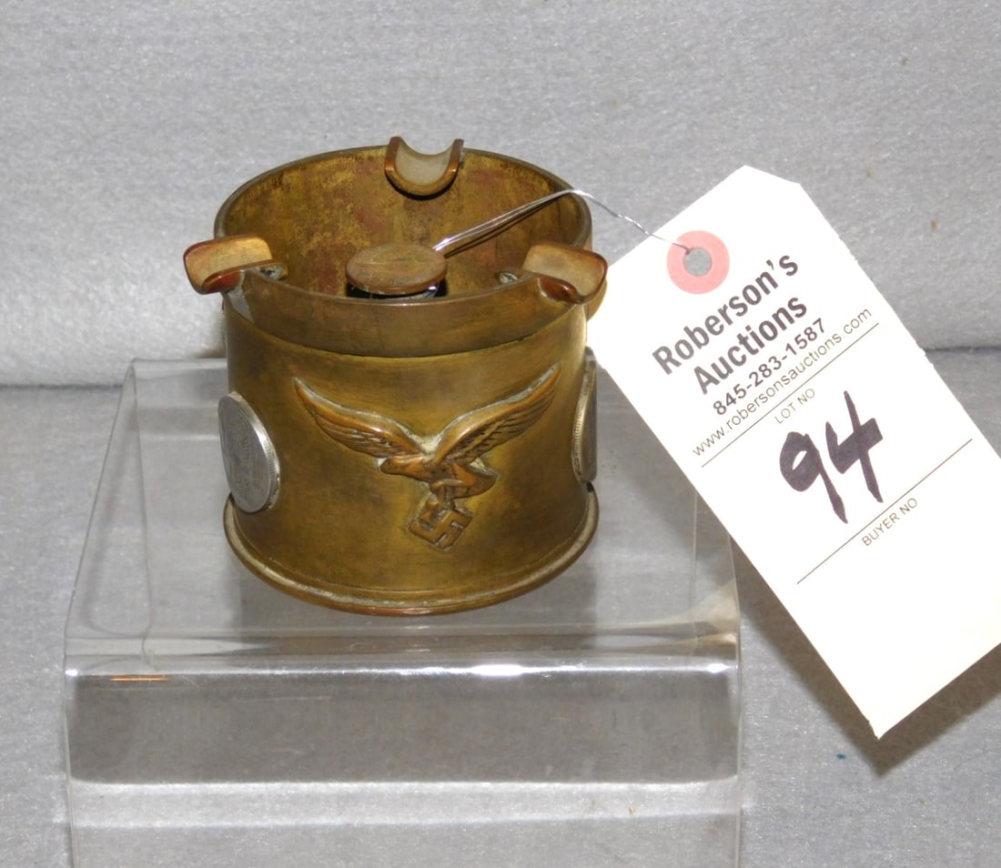 Military Shell Art Ashtray: Military Shell Art Ashtray- German w/ Coins & Eagle Decorations in GD Cond. 3"H x 3"D