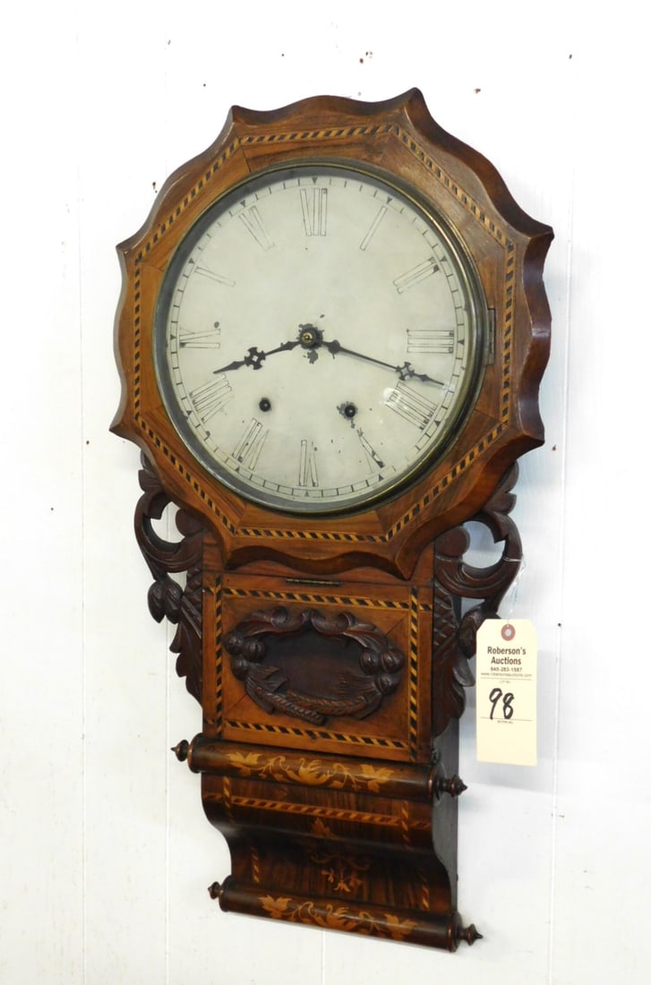 Anglo-American Wall Clock: Anglo-American Regulator Wall Clock- Inlaid & Carved C.1900 in GD Cond. Face Has Faded. 30 1/2"H x 16 1/2"W x 5"D.