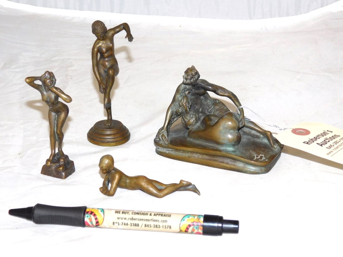4 Miniature Bronze Nude Figurals: 4 Miniature Bronze Nude Figurals Incl. Dancing Woman, Relining Woman, Woman w/Hands on Head, Wolf Like Creature w/Nude Woman. In GD Cond. 3"- 3 3/4"H