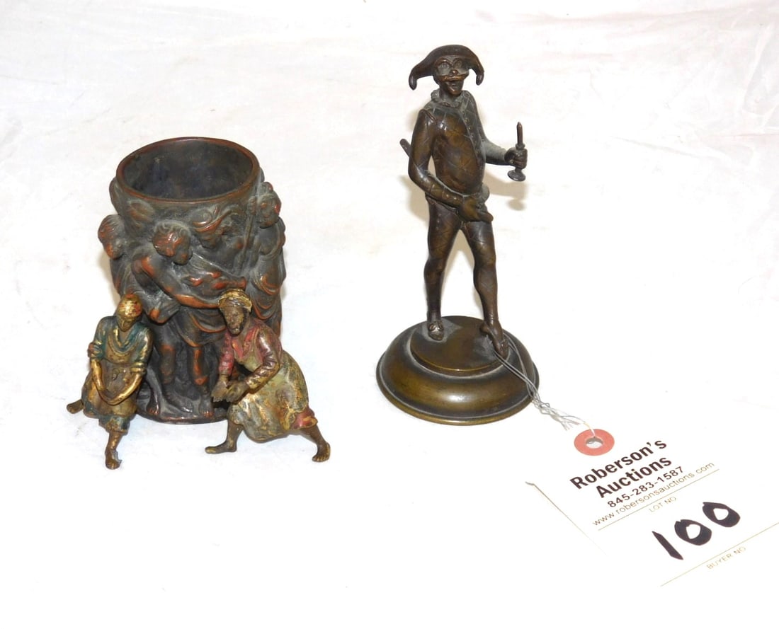 4 Sm. Bronze Figurals: 4 Sm. Bronze Figurals Incl. A 4 3/4" H. Repousse Jar w/ Men & Woman in Drapings, 5"H Joker Figural, 2 Mid-East Figurines 2 1/2"H.