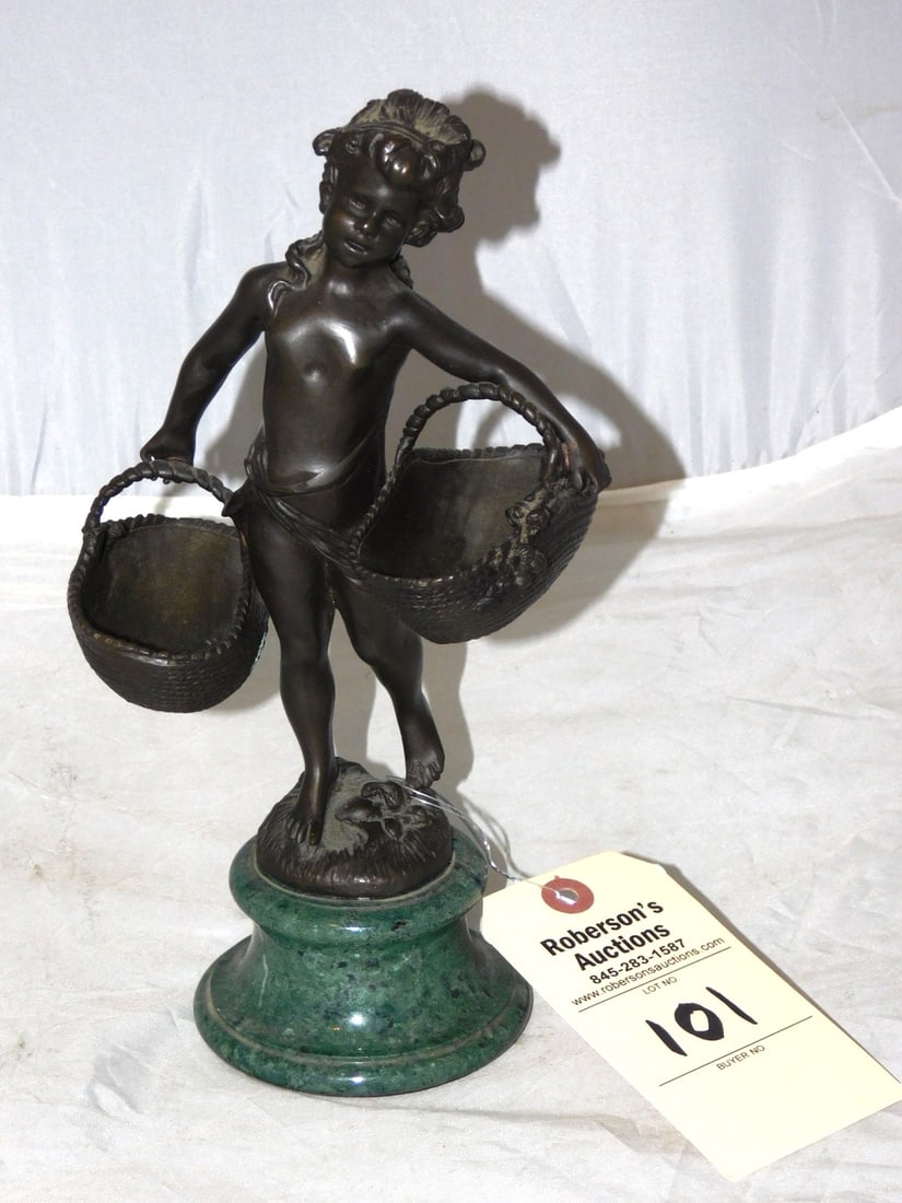 11"H Bronze Figural of Adolescent: 11"H Bronze Figural of Adolescent w/2 Baskets w/Marble Base in GD Cond. 11"H x 6"W x 5"D