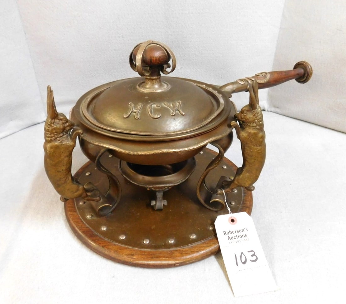 Joseph Heinrichs Copper Hare Chafing Dish: Joseph Heinrichs Copper Hare Chafing Dish, Brass Hares, Applied Silver Scrollwork in GD Cond. 11"H x 12"D Base