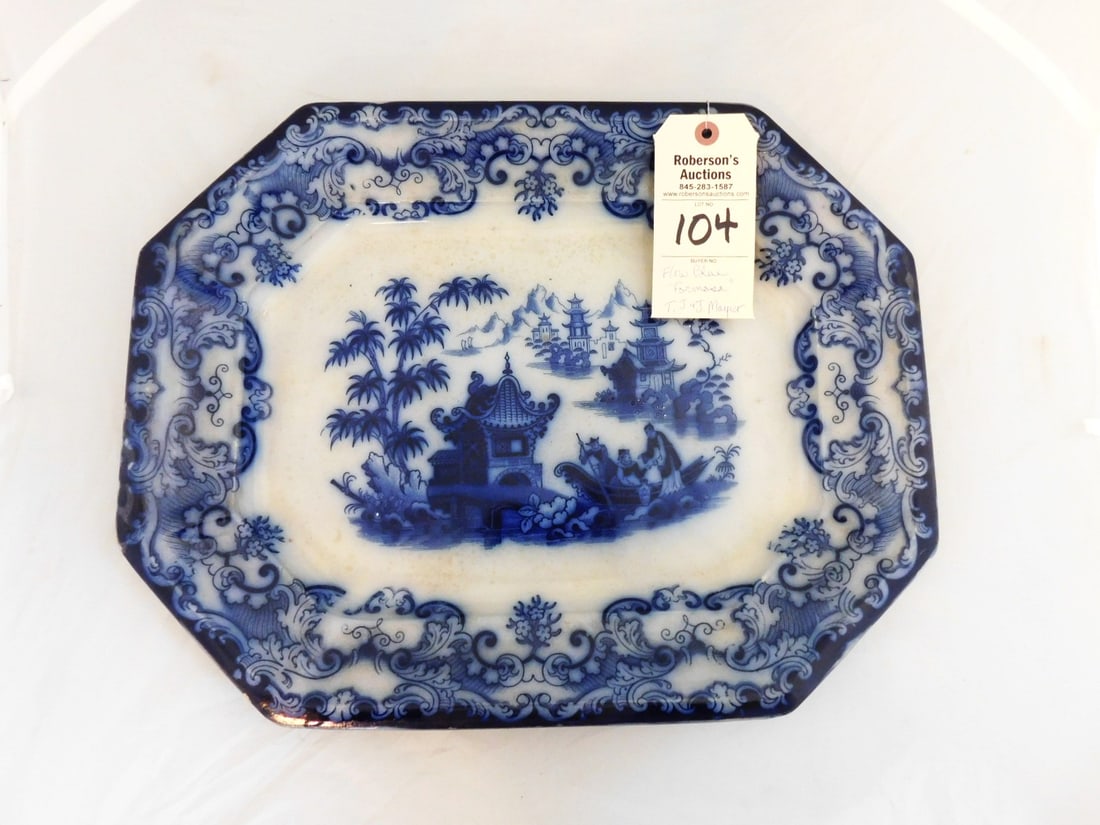 Lg. Flow Blue Transferware Platter: 18"L Lg. Flow Blue Transferware Platter-by T.J.& J Mayer in VG Cond. "Pagata Bldgs & Men in Boat" 18"L x 14 1/4"D