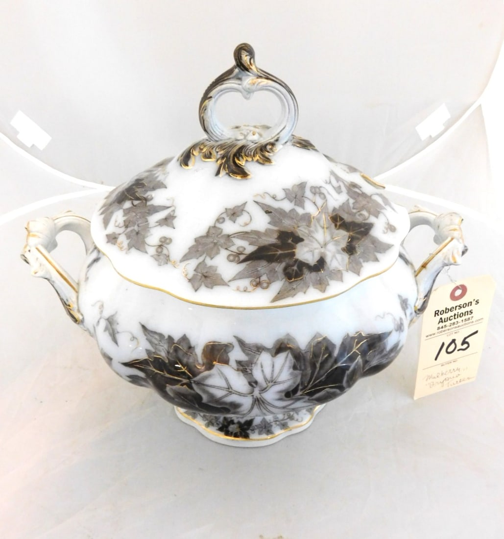 Mulberry "Bryonia"Tureen: Mulberry "Bryonia"Tureen w/ Cover, Figural Hdls., Leaf Design 11 1/2"H x 13"W
