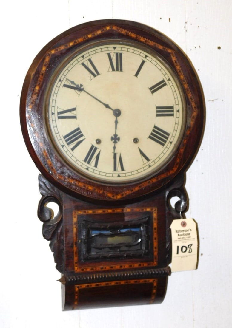 Anglo-American Wall Clock: Anglo-American Inlaid & Carved Wall Regulator Clock C.1900 in GD Cond. 26 1/2"H x 126 1/2"W x 4 1/2"D