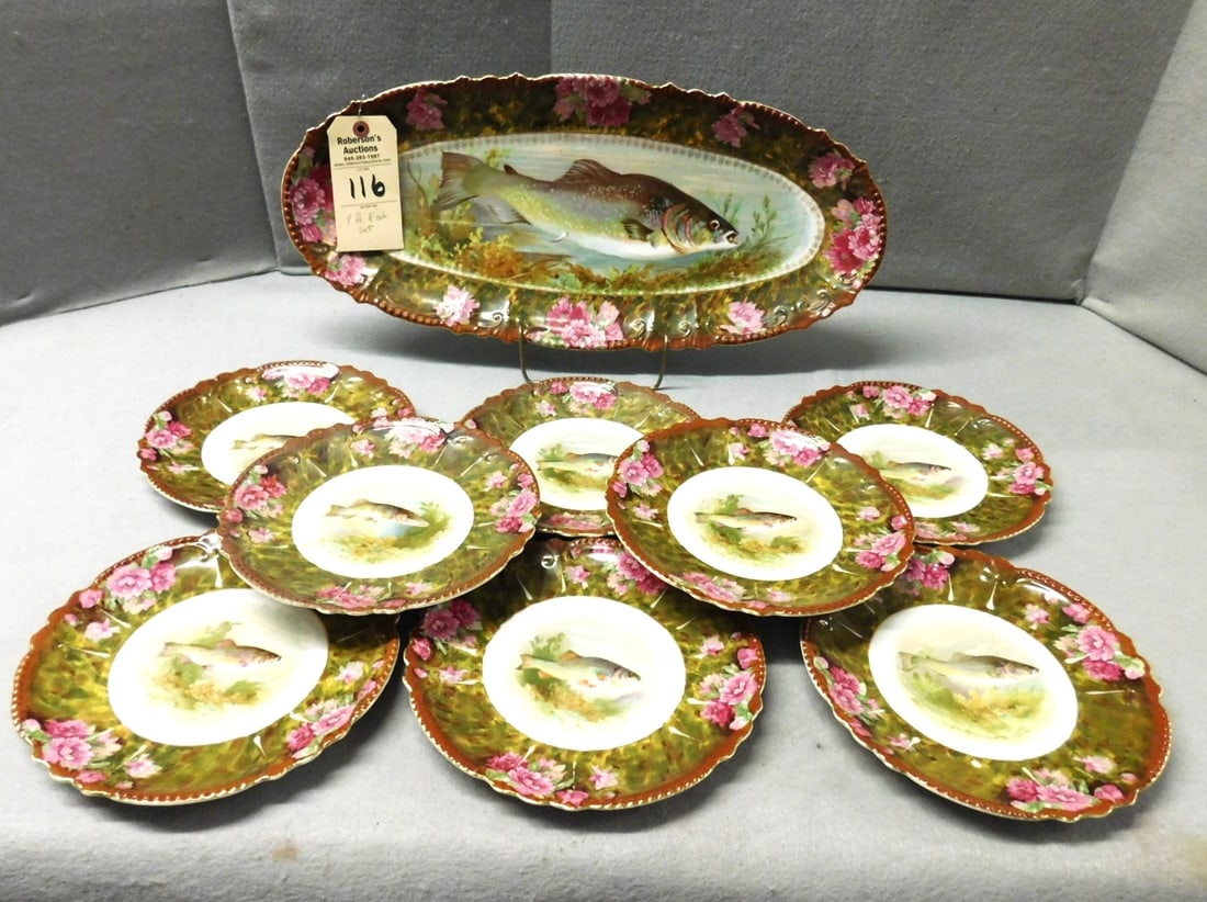 9 pc. Hand Painted Fish Set: 9 pc. Hand Painted Fish Set Incl. Lg. 22" Platter & 9" Plates in VG Cond.