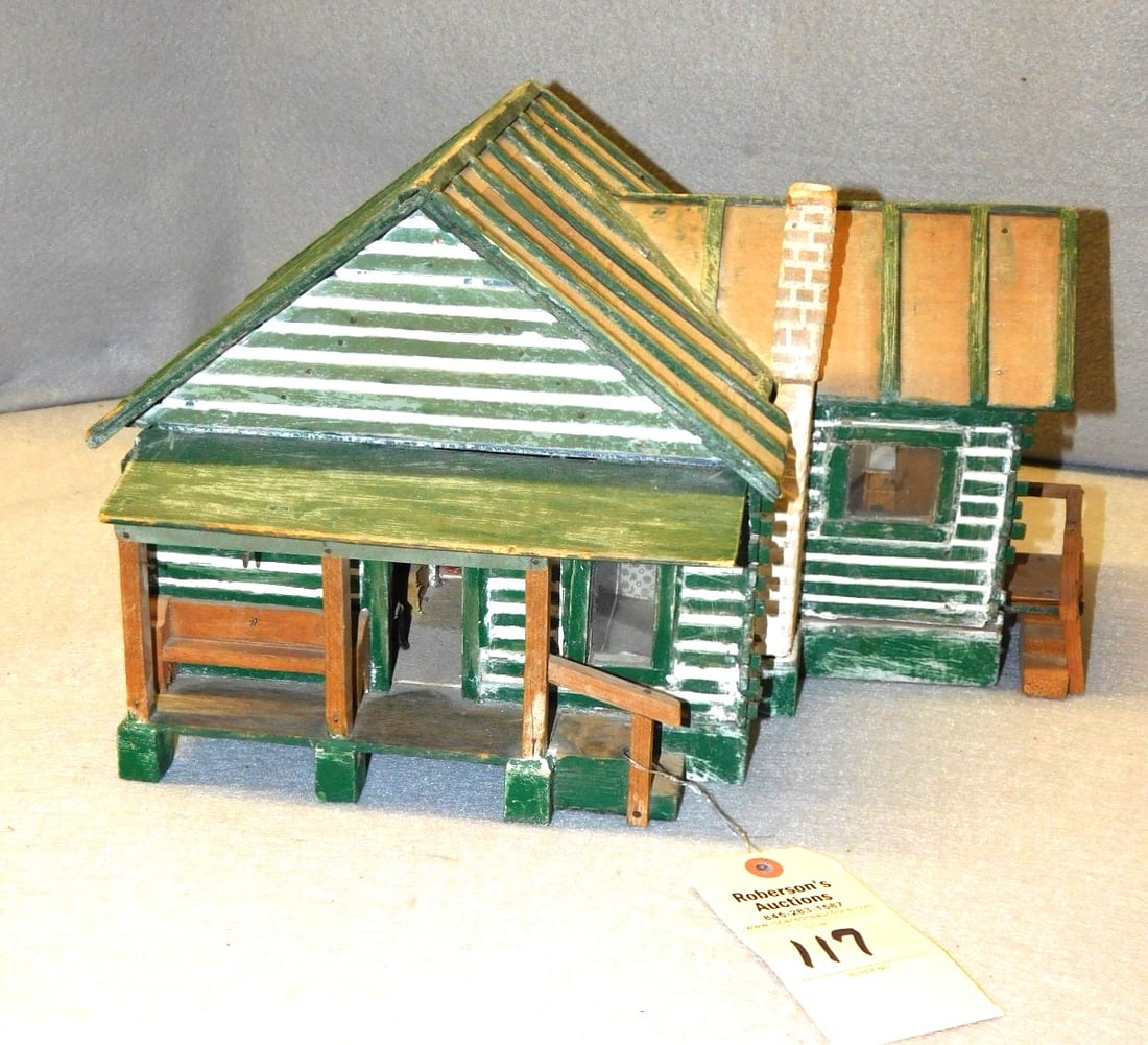Handmade Log Cabin Model: Handmade Log Cabin Model w/ Lift Top- Top Lifts Off, Frt. Porch, Side Dr.w/Porch & Chimney in GD Cond. 16"W x 12 1/2"D x 9 1/2"H.