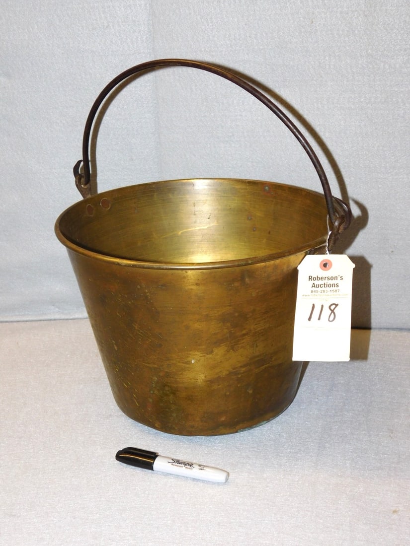 Early Brass Bucket: Early Brass Bucket w/Hdl. in GD Cond. 10 1/2"H x 14"D