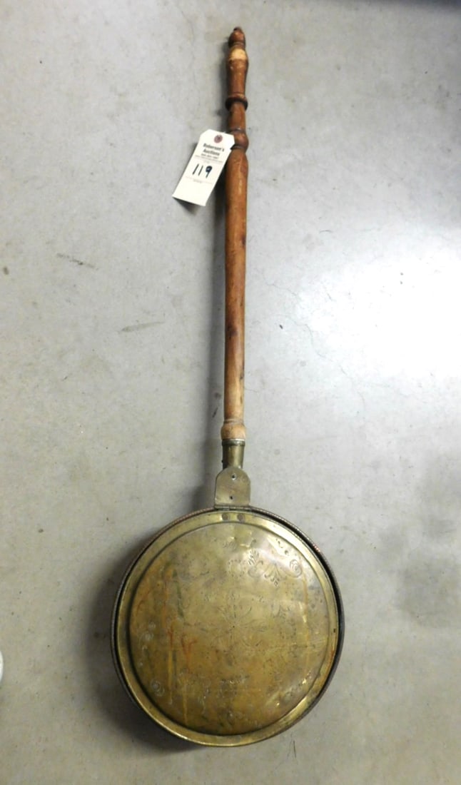 Copper Brass/Wood Bedwarmer: Copper Brass/ Wood Bedwarmer w/Etched Top in GD Cond. - 42"H w/Hdl., 12"D Pan