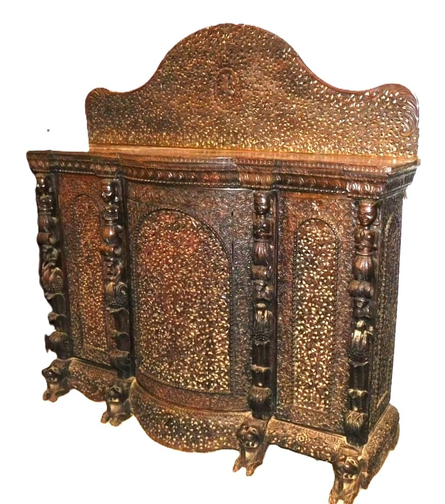 Heavily Carved Chinese Sideboard: Heavily Carved Chinese Sideboard w/ Foo Dog Ft. Base, Carved Column Front of Woman, Monkeys & Fruit, 3 Dr. Base w/ Super Arch Backsplash w/Foo Dog Medallion in GD Cond. - 54 1/2"W x 40"H x 14"D