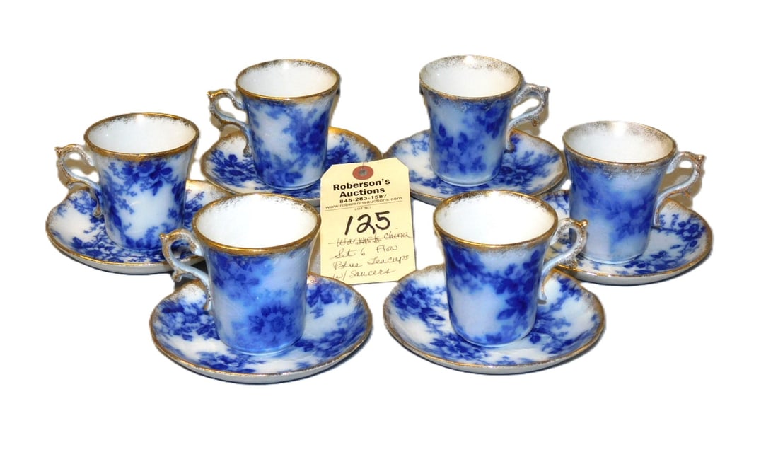 Set of 6 Flow Blue Tea Cups: Set of 6 Flow Blue Tea Cups w/Saucers by Warwick China in VG Cond.- Saucer 5"; Teacup 3"H