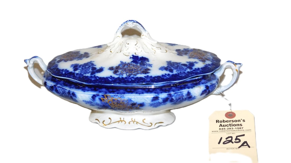Flow Blue Covered Vegetable "Waldorf": Flow Blue Covered Vegetable Oval Tureen w/Lid - "Waldorf" Pattern - 12 1/2W.x8D.x6"H.