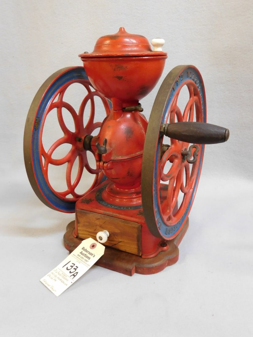Dbl. Wheel Enterprise Coffee Mill: Dbl. Wheel Enterprise Coffee Mill Phil. PA in Orig. Paint w/Drawer, 12 1/2"D Wheels in VG Cond. 17"H x 10"W x 12 1/2"D