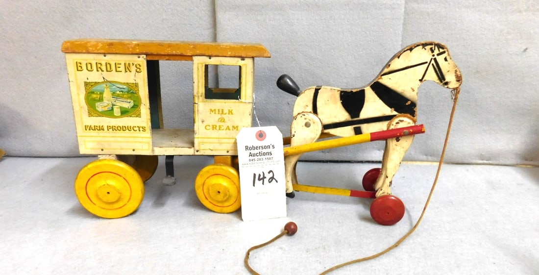 Vintage Borden's Milk Wagon Pulltoy: Vintage Borden's Milk Wagon Pulltoy- Horse Pulling Wagon-Wood & Tin Wagon, Wooden Horse & Wheels in GD Cond. 20"L x 8 3/4"H x 5"D