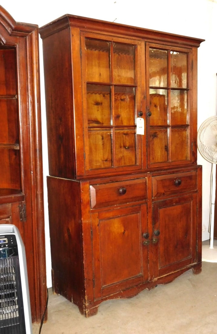 19th C. Pine Setback Cupboard: 19th C. Pine 2Pc. Setback Cupboard w/ Dbl. 6 Panel Glass Drs. on Top, Dbl. Blind Dr. Btm., 2 Drawers w/ Scalloped Base in GD Cond. 46 1/2"W x 78"H x 19 1/4"D
