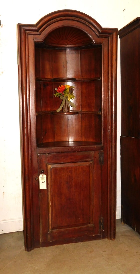 19th C. Open Top Corner Cupboard: 19th C. Open Top Corner Cupboard w/Sunburst Top, Lollipop Shelves, Blind Single Dr. Base w/ Orig. H Hinges in GD Cond. - 33"W x 78"H x 17 1/2"D