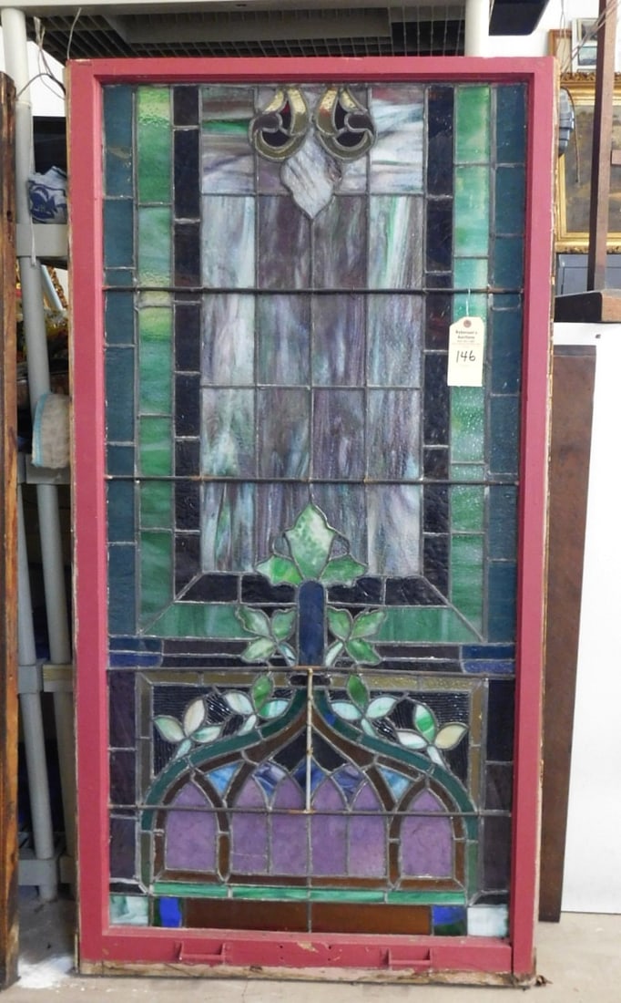 Lg. Stained Glass Window: Lg. 67"H Stained Glass Window w/Leaves & Fleur de-lis Pattern in Green Hues, in GD Cond. - 34 1/8W.x67H.x 1 3/4"D.