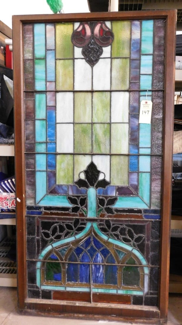 Stained Glass Window: Lg. 67"H Stained Glass Window w/Fleur-de-lis Pattern, Green Hues in GD Cond. 34 1/8"W x 67"H c 1 1/34"D