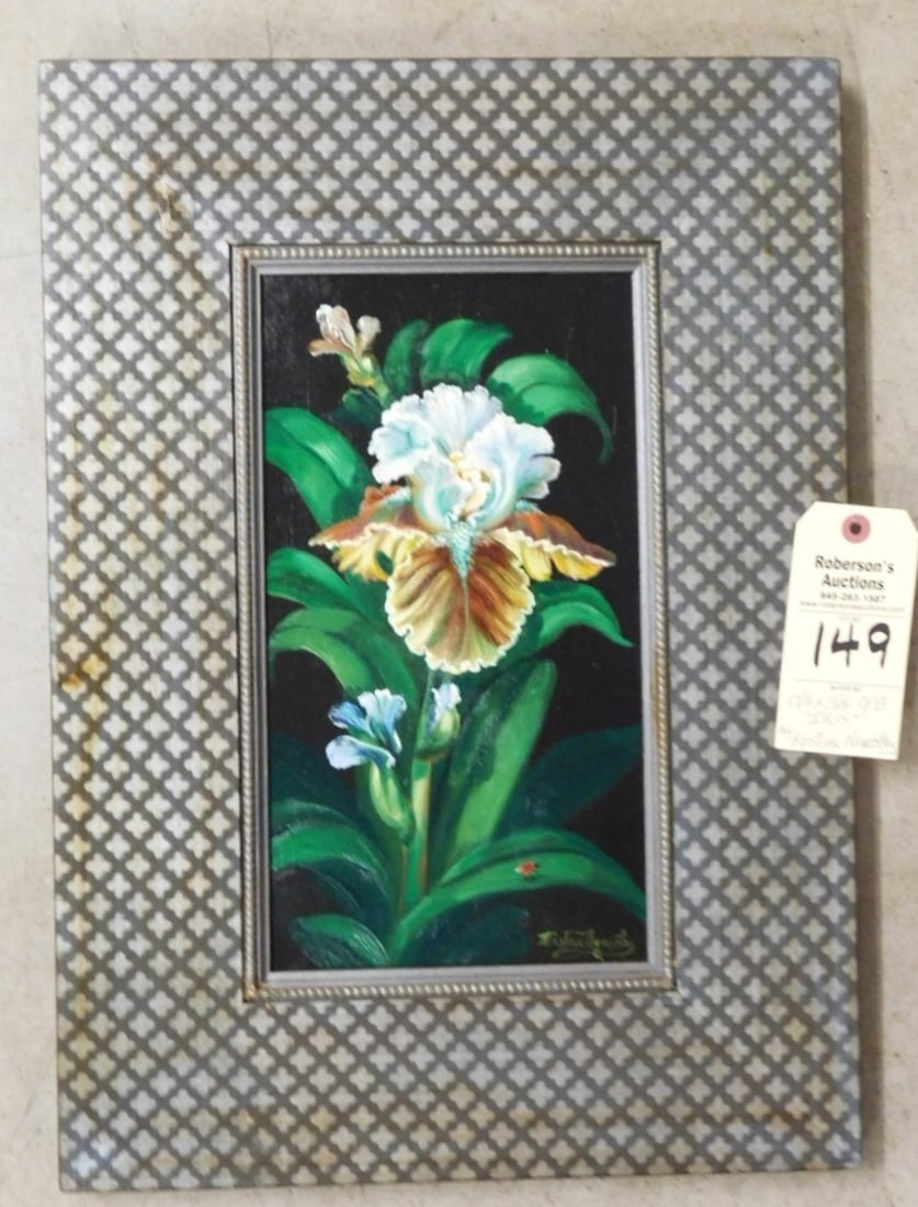 O/B Floral Sgnd. Kristina Nemethy: O/B Floral Sgnd. Kristina Nemethy of "Iris" Flowers in Quillted Pattern Wide Frame in VG Cond. - 14 3/4" x 9 1/2"