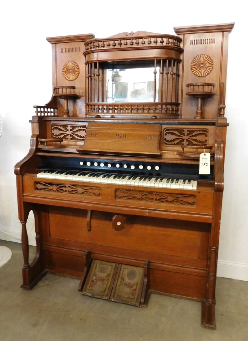 Victorian Carved Oak Pump Organ: Outstanding Ornate Oak Victorian Pump Organ w/ Fancy, Spindled, Carved Top w/ Mirror. Works (Would Need Cleaning) in GD Cond. (Would Make a Great Bar) Marked "Estey Organ Co., Brattleboro, VT USA - 51