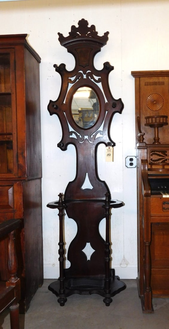 Walnut Victorian Hallrack: Walnut Victorian Hallrack w/Umbrella Tray, 6 Hook & Coat Hat Rack w/ Mirror in GD Cond. (Nice Small Sz) 87"H x 22 1/2"W x 14"D