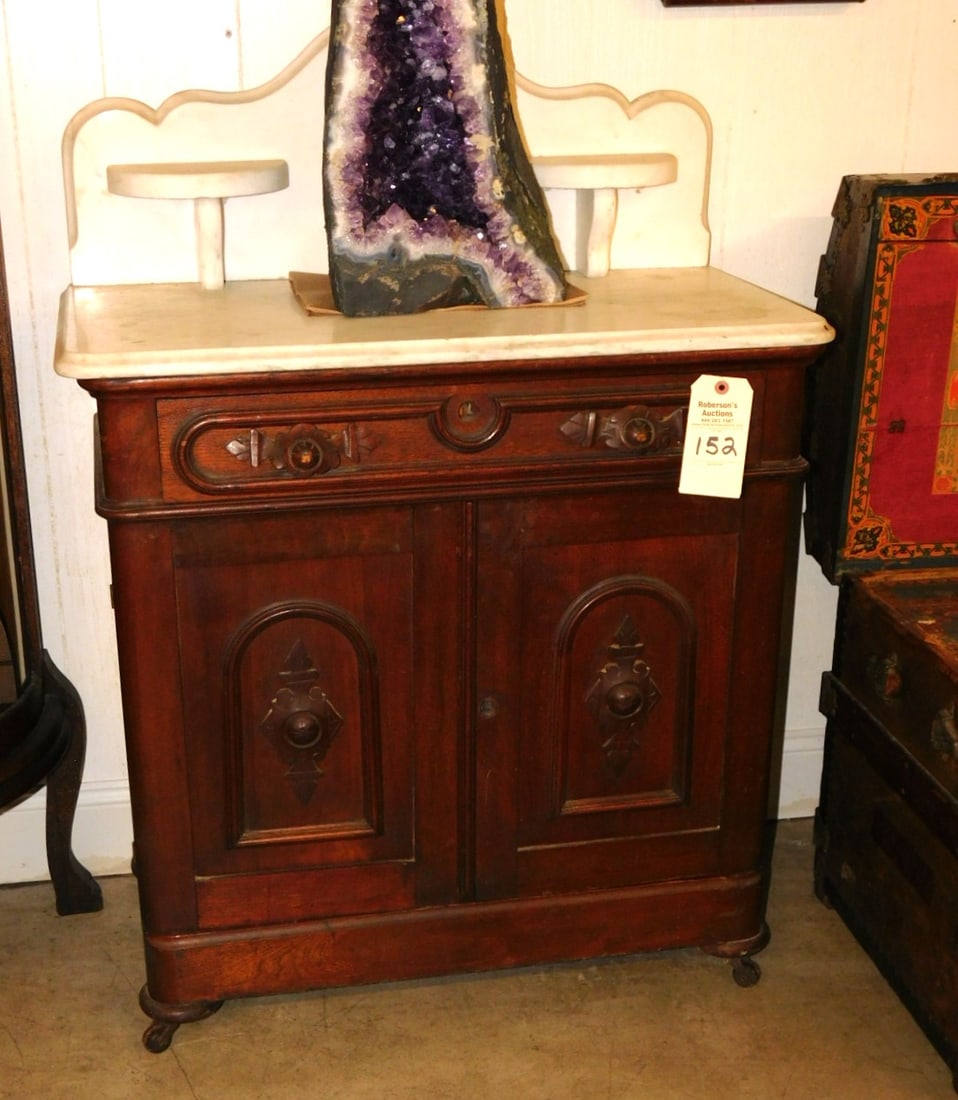 Walnut Victorian MT Washstand: Walnut Victorian MT Washstand w/2 Dr.Stand & 1 Drwr, 2 Candleholder Marble Shelfs in GD Cond. 43"H x 31"W x 16"D