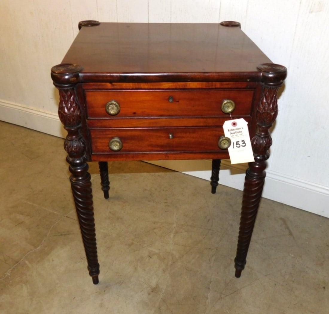 Fancy Mahogany 2 Drawer Stand: Fancy Mahogany 2 Drawer Stand w/Cookie Corners &Twist Legs w/ Brass Pulls in GD Cond. - 28 1/4"H x 21 1/4 Sq.