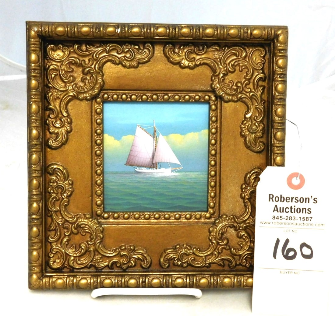 4 1/8" x 4" O/B Sgnd. George Nemethy: 4 1/8" x 4" O/B Sgnd. George Nemethy of Sloop at Sea in Ornate Wide Gold Gilt Beaded Frame in VG Cond. - w/Frame - 8 1/4"Sq.