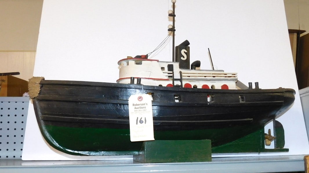 Custom Made Replica of Tugboat: Custom Made Replica of Tugboat w/"S" on Smokestack, Designed & Built by Herman Moniz, Fairhaven, MA in GD Cond. - 34"W x 21"H x 12"D
