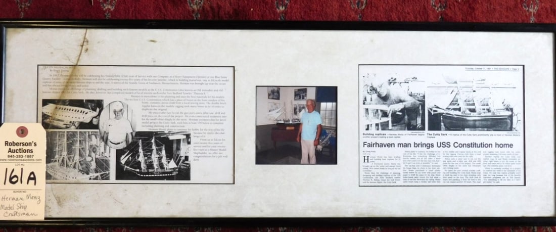 Photo of Model Ship Craftsman w/Ship: Photo of Model Ship Craftsman - Herman Mouiz w/ Newspaper Story About His Hobby in Gd. Cond. - 10 1/4x28 1/2" w/Frame