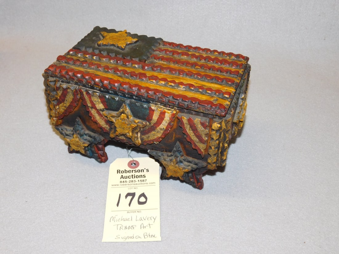Patriotic "Michael Lavery" Tramp Art Box: Patriotic "Michael Lavery" Tramp Art Box w/ Lid- Decorated w/ Swags, Stars, American Flag Lid, Star Feet in VG Cond. Signed on Btm. "M.Lavery" 9"W x 5"H x 6"D