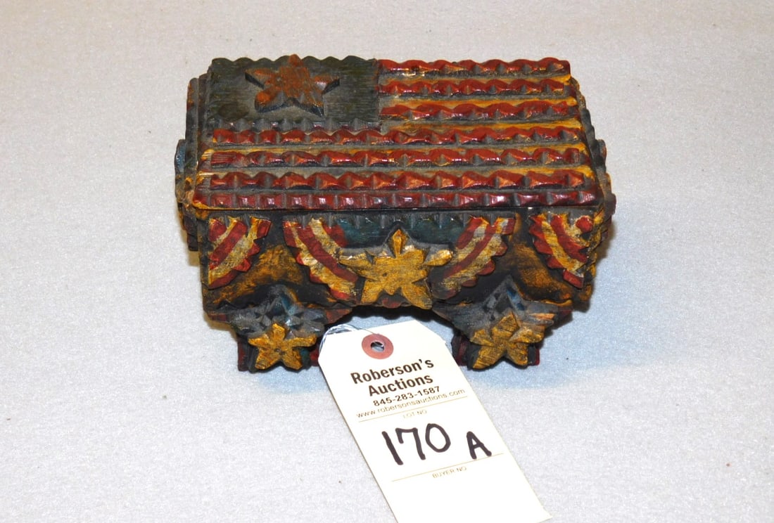 Patriotic "Michael Lavery" Tramp Art Box: Patriotic "Michael Lavery" Tramp Art Box w/ Lid, Decorated w/Swags, Stars w/ American Flag, Lid Star Feet in VG Cond. 8"W x 4"H x 5"D Signed on BTm. "M.Lavery"
