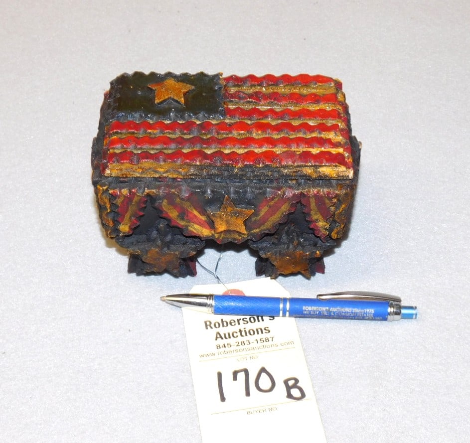 Patriotic "Michael Lavery" Tramp Art Box: Patriotic "Michael Lavery" Tramp Art Box w/Lid, Decorated w/Swags, Stars w/American Flag Lid, Star Feet Signed on Btm. "M.Lavery" in VG Cond. 6"W x 4"H x 3 1/2"D
