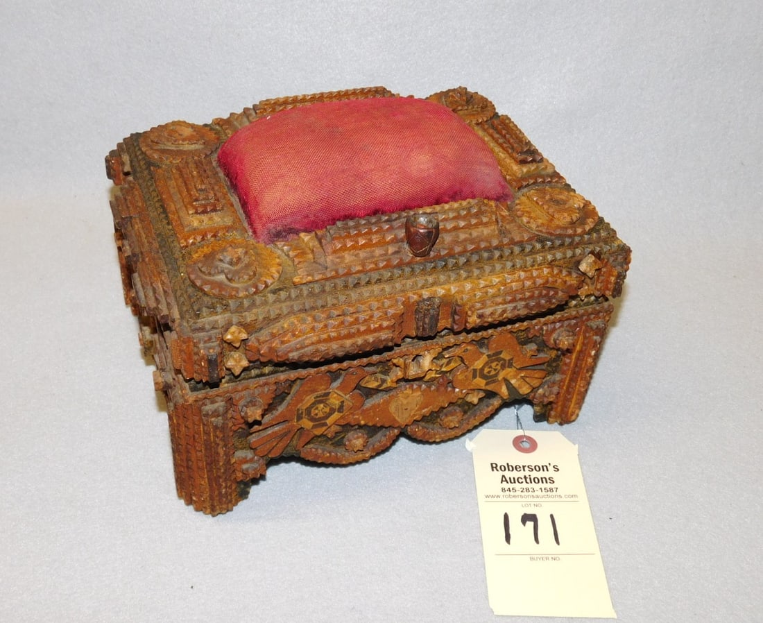 Early Tramp Art Sewing Box: Early Tramp Art Sewing Box w/ Birds, Hearts, Decorative Accents w/ Pin Cushion Top in GD Cond., Tiny Sliver Missing on Keyhole (8 Tiny Stars Missing) Super Pc., Otherwise Gd. Cond.