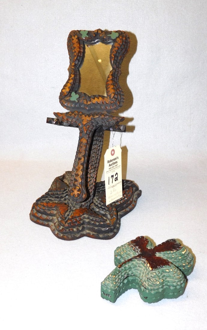 Michael Lavery Tramp Art Hand Mirror: Michael Lavery Tramp Art Hand Mirror w/Stand - Super Unique w/ Shamrock Decorations Plus A Shamrock Dresser Box in VG Cond. - Unsigned Back. Mirror Base 8"sq. x 11"H; Mirror 15"L x 6"W x 1 1/2"D; Box