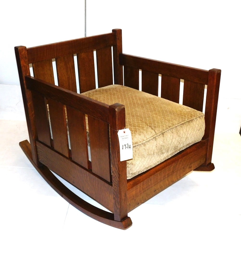 Oak Arts & Crafts L.& J.G. Stickley Rocker: Antique Oak Arts & Crafts L.& J.G. Stickley Rocker w/ label on back, Quarter-sawn oak vertical slats sides & back in VG. Cond. - 27-1/2W x 29-1/2H x 36"D