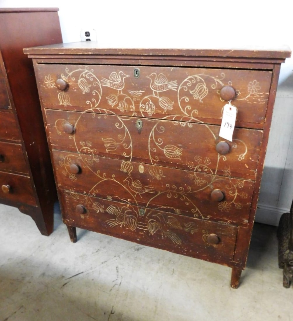 PA Dutch 4 Drwr. Chest w/Bird Decor.: PA Dutch 4 Drwr. Chest of Dwrs. w/ Handpainted Folk Art Birds & Floral Design on Front in GD Cond. - 40 1/2"W x 42 1/2"H x 18 1/2"D