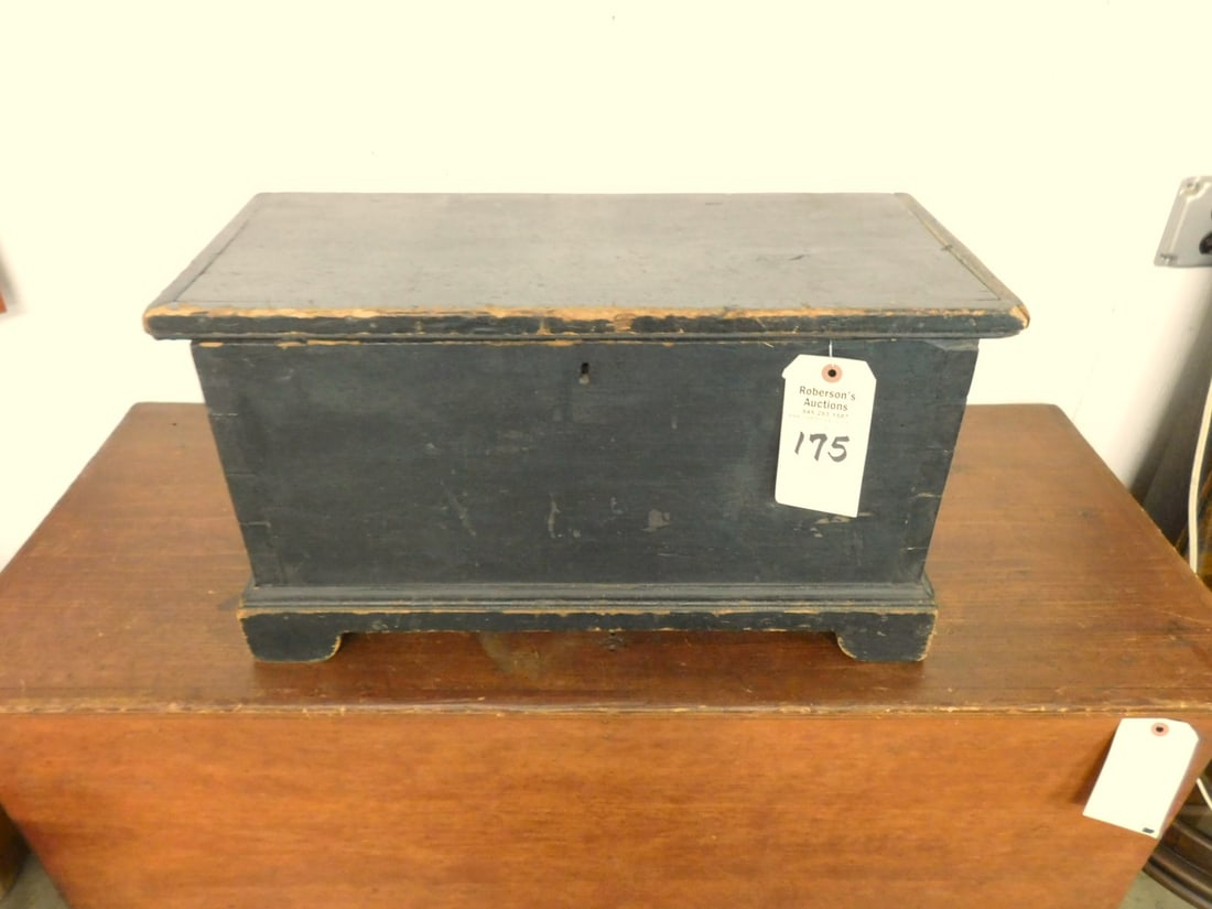 Early Miniature Blanket Chest: Super Early Miniature Blanket Chest in Old Green Paint w/ Bracket Feet in GD Cond. - 23 1/8"W x 10 1/2"D x 13 1/8"H.