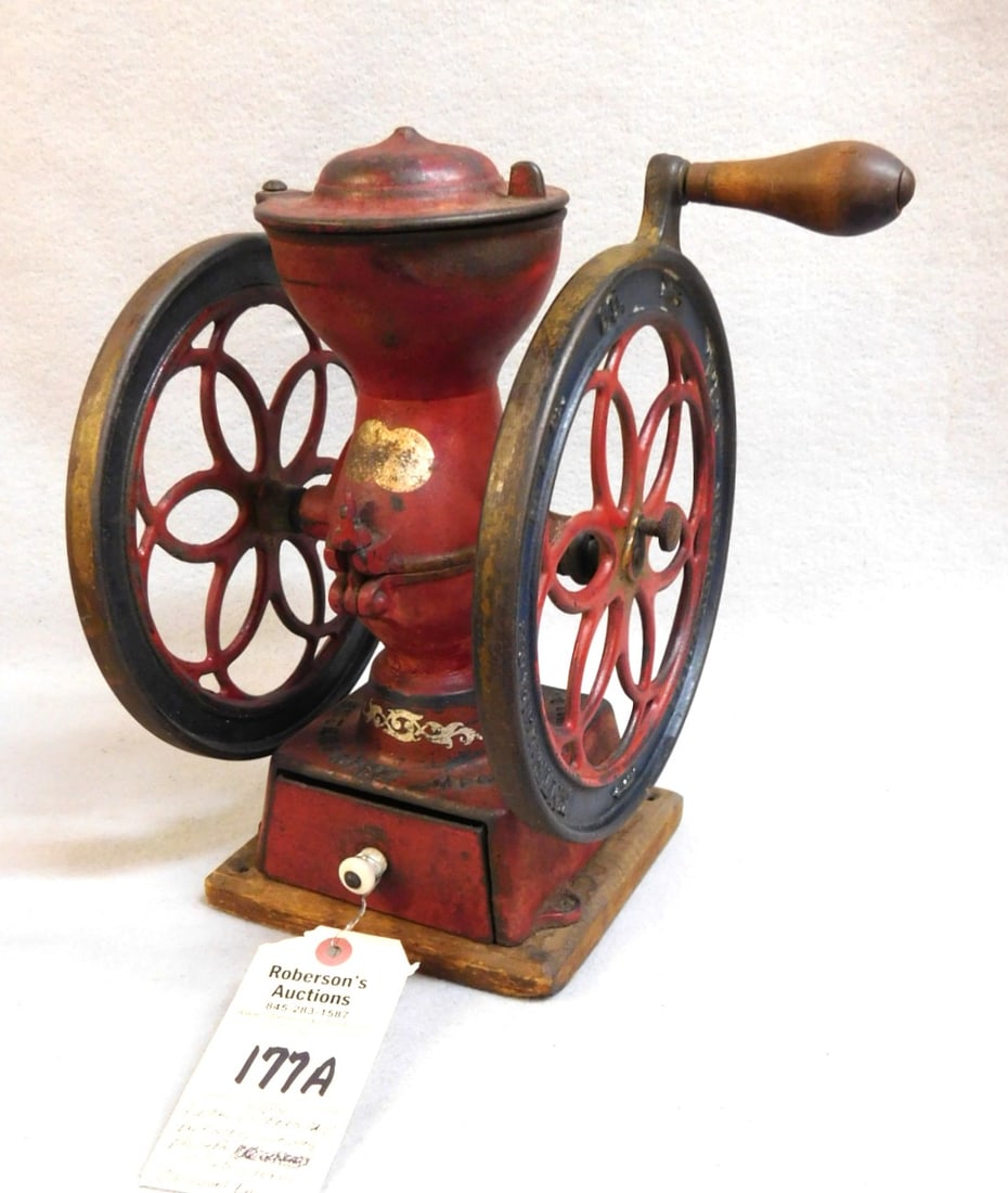 Dbl. Wheel Enterprise Coffee Mill: Sm. Sz Dbl. Wheel Enterprise Coffee Mill, Phil., PA in Orig.Paint w/Drwr. in VG Cond. - 7 1/4"W x 12"H x 9"D; 8 3/4"D Wheel