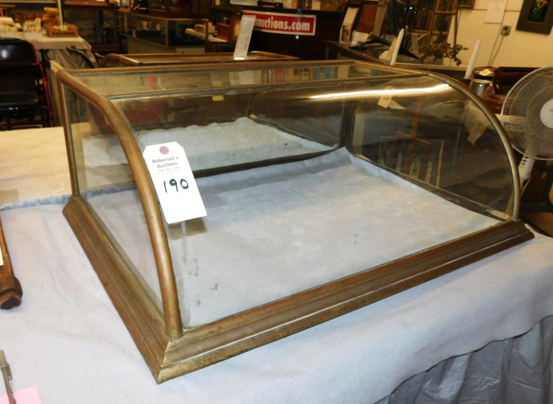 Curved Glass Country Store Showcase: Curved Glass Frt. Country Store Showcase w/Brass Trim-Counter Top w/ Hinged Drop Down Door in GD Cond. - 35 1/2"W x 24 1/2"D x 13"H
