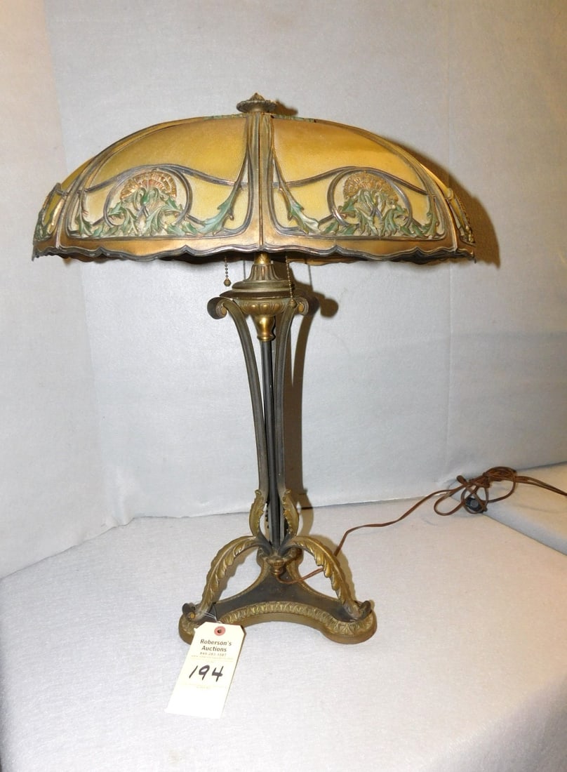 Art Nouveau Table Lamp: 8 Panel Art Nouveau Table Lamp w/ Floral Leaves Scrollwork, Fancy Tri-Leg Leaf Base in VG Cond. 25"H x 18"D x 10"Sq. Base