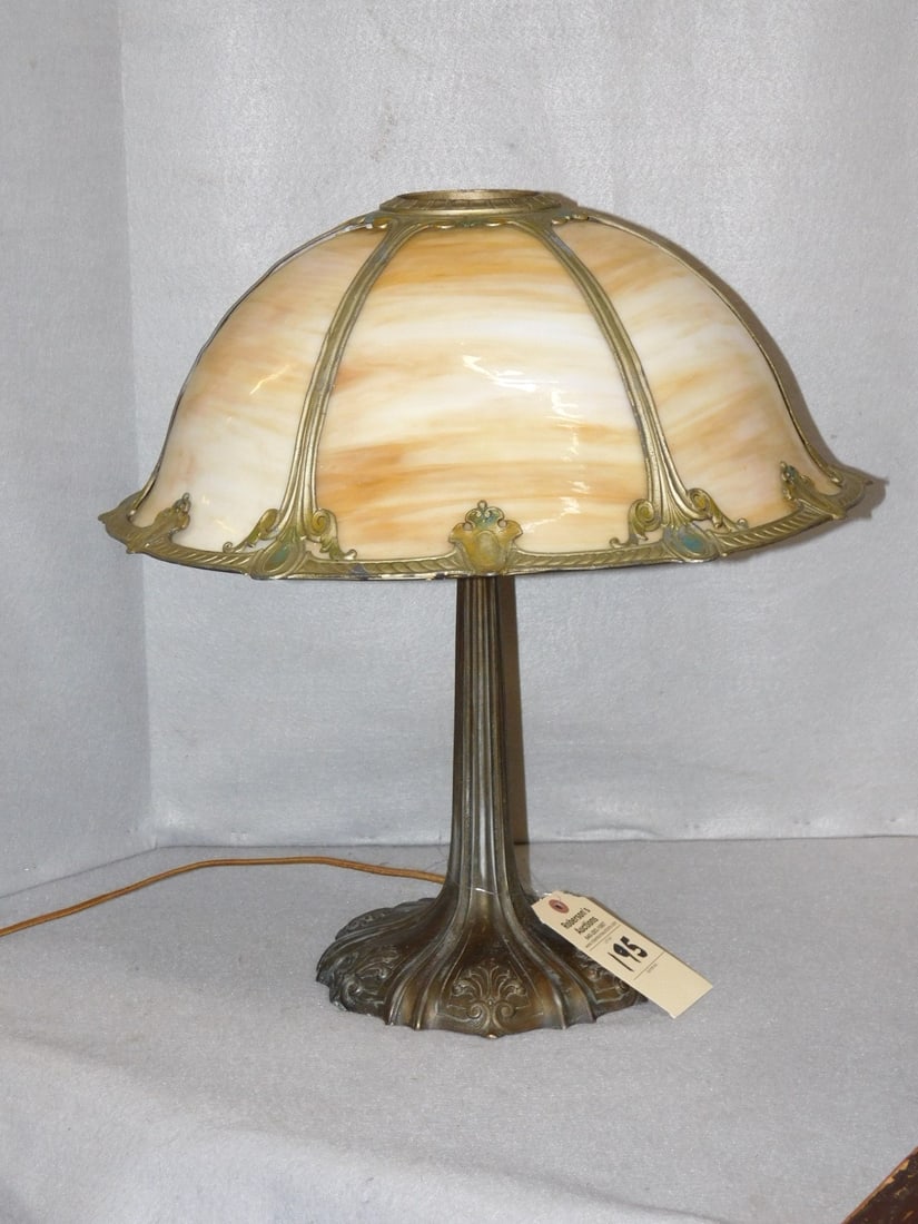 Art Nouveau Table Lamp: 6 Panel Art Nouveau Table Lamp w/ Scrollwork Frame & Base in GD Cond. Shade 18 1/2"D; Base 20"H x 9 1/2"D