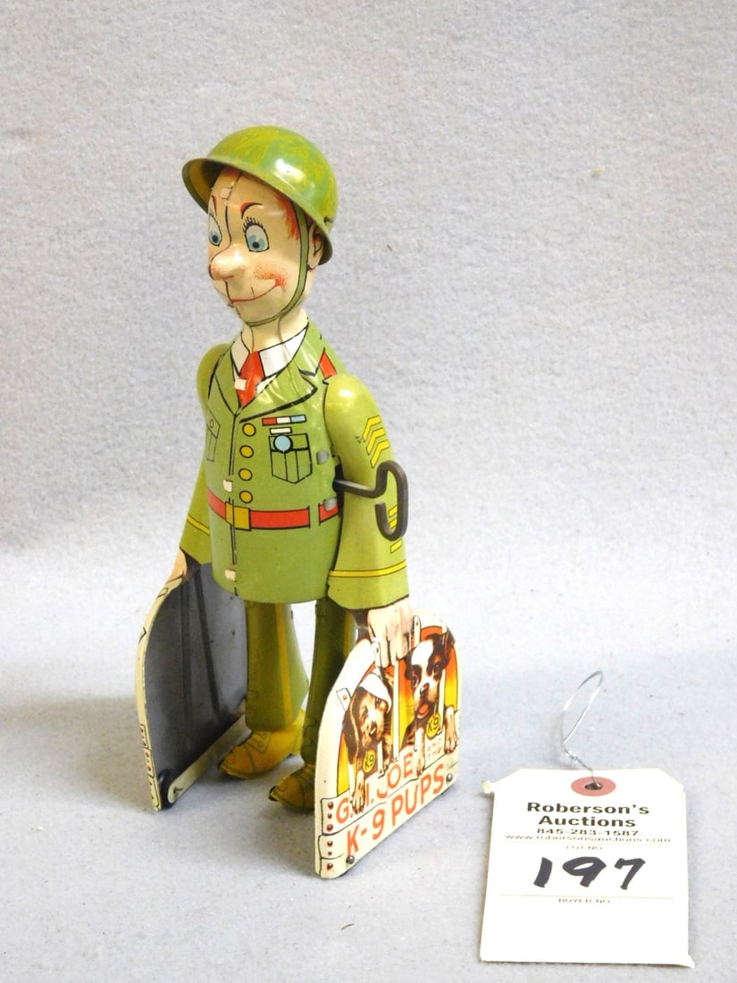 G.I. Joe K-9 Pups Tin Toy: G.I. Joe K-9 Pups Tin Toy- Soldier Walks w/Pups in Cases in VG Cond. & Working . 9"H x 3 1/2"W x 3"D